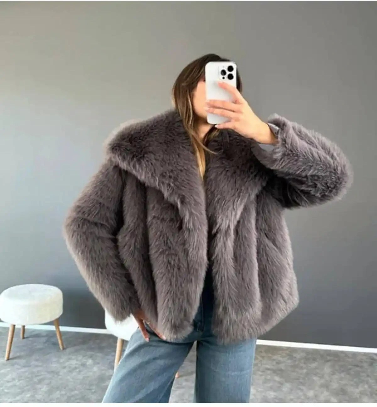 کاپشن زنانه خز خط دار برند Sinemkivanc رنگ خاکستری - Image 2