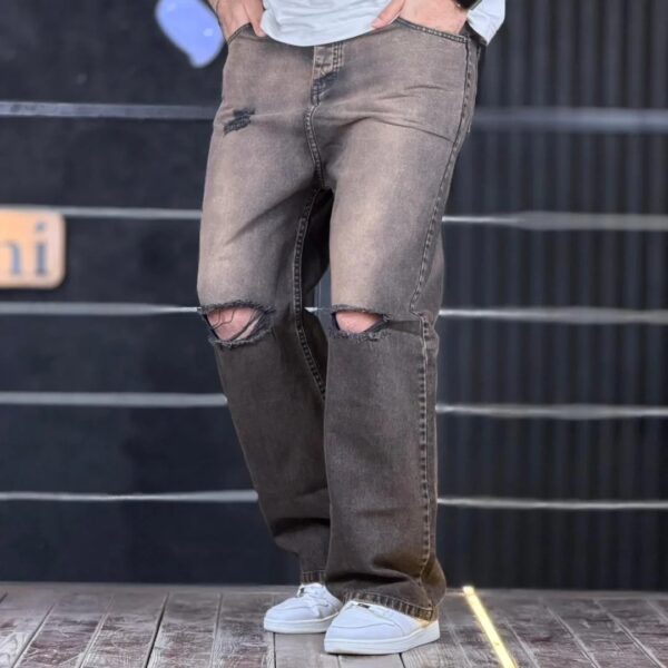 شلوار جین بگ قهوه ای تینت دار زانو زاپ